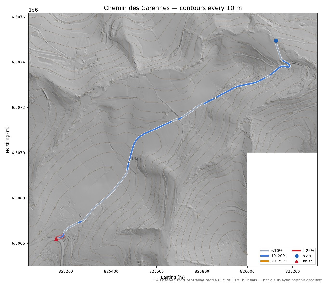 Chemin des Garennes LiDAR hillshade map with contours