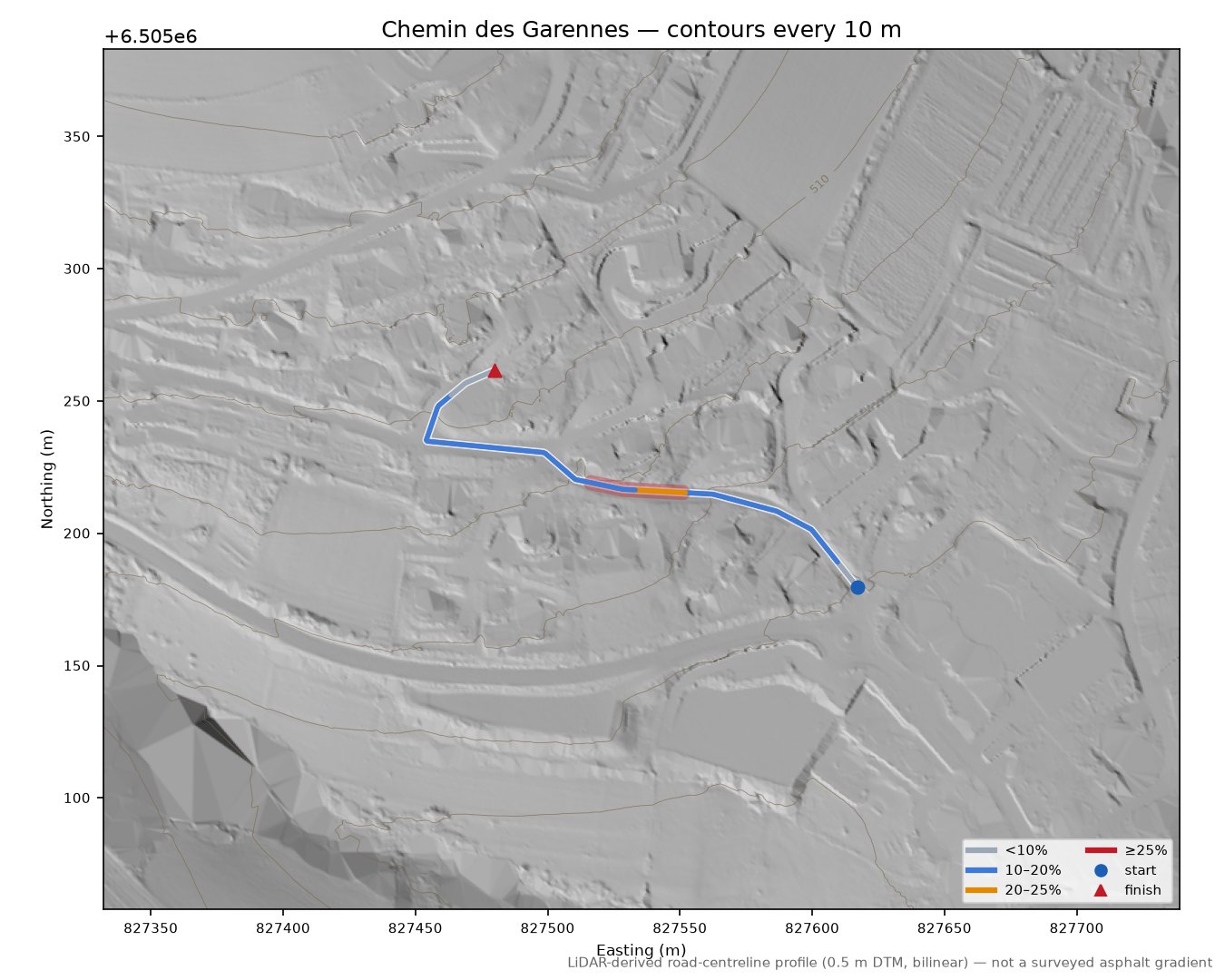 Chemin des Garennes LiDAR hillshade map with contours