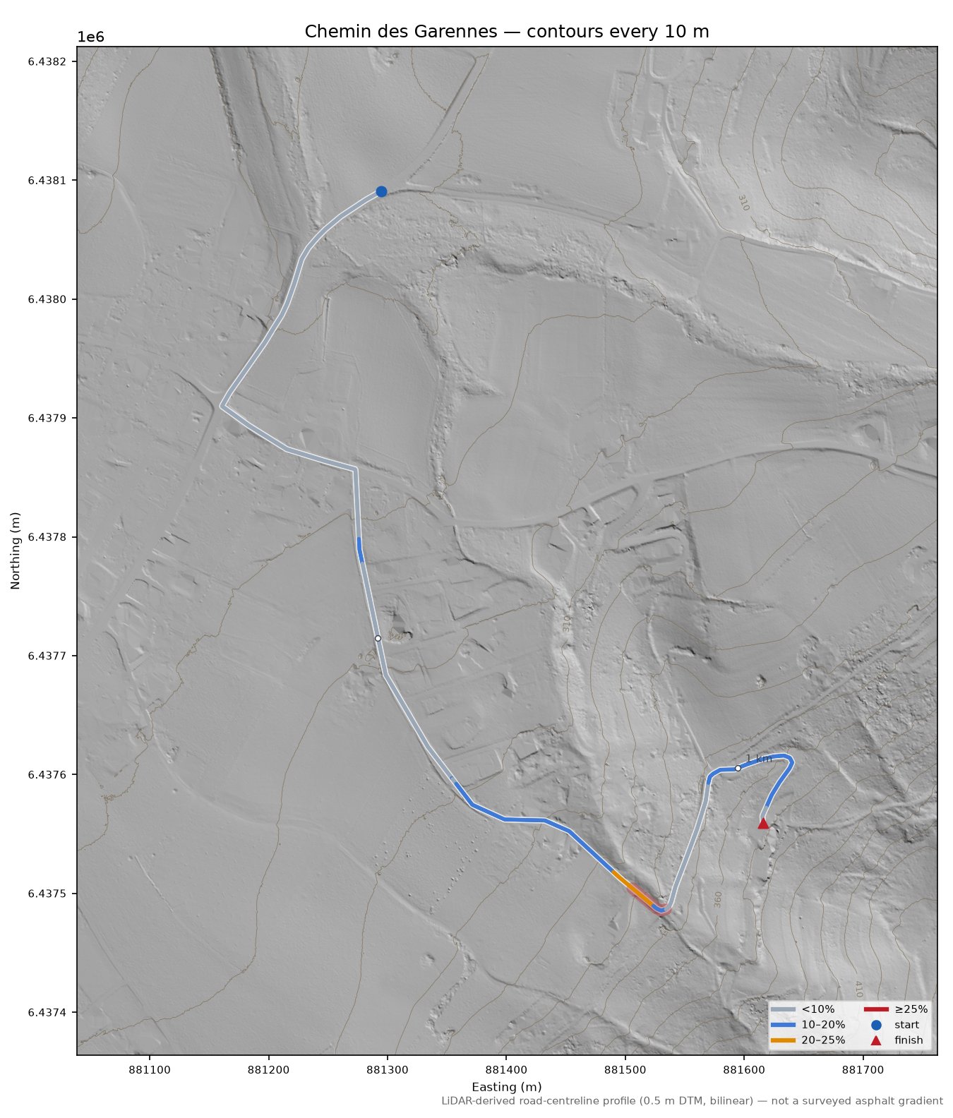 Chemin des Garennes LiDAR hillshade map with contours