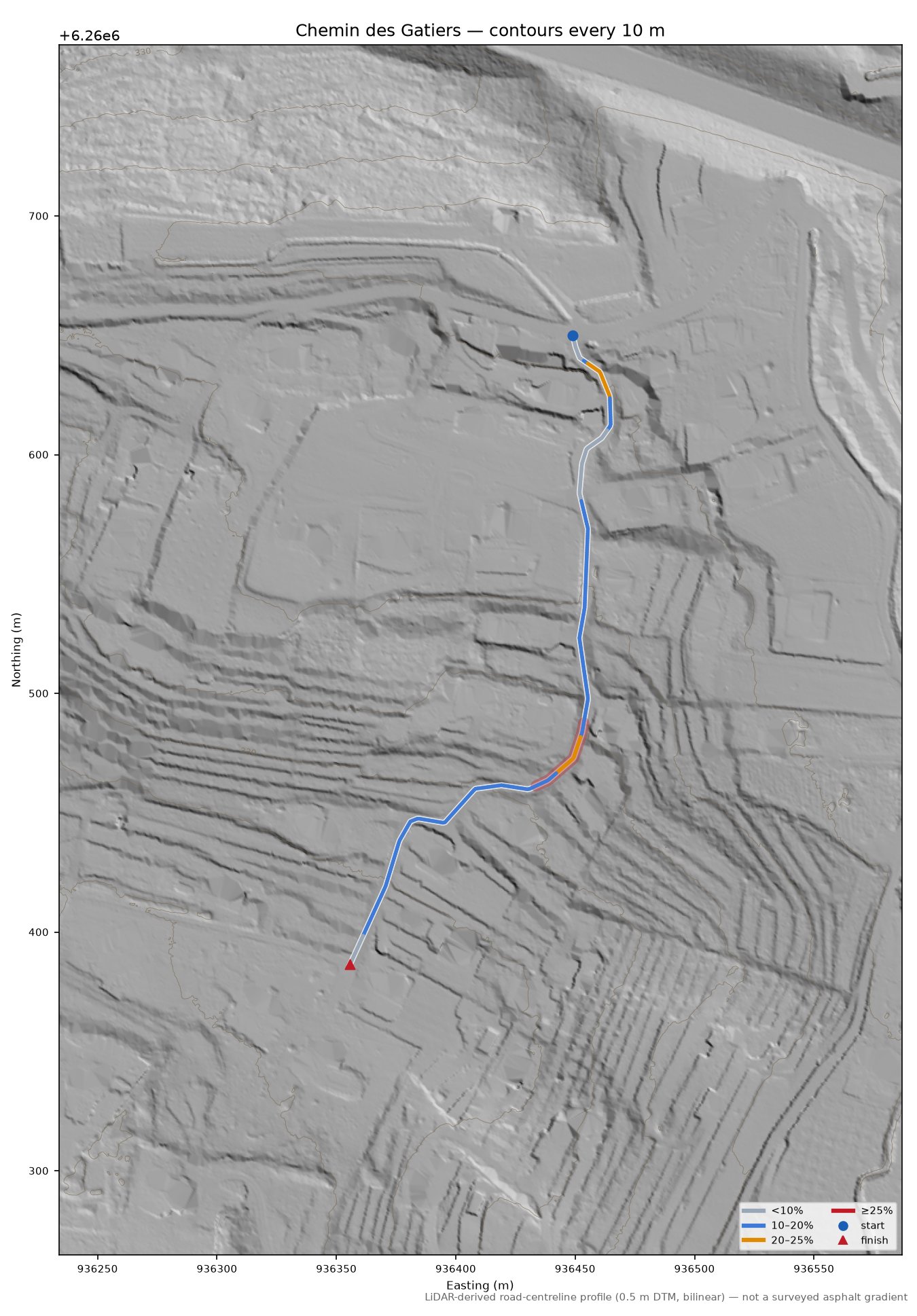 Chemin des Gatiers LiDAR hillshade map with contours