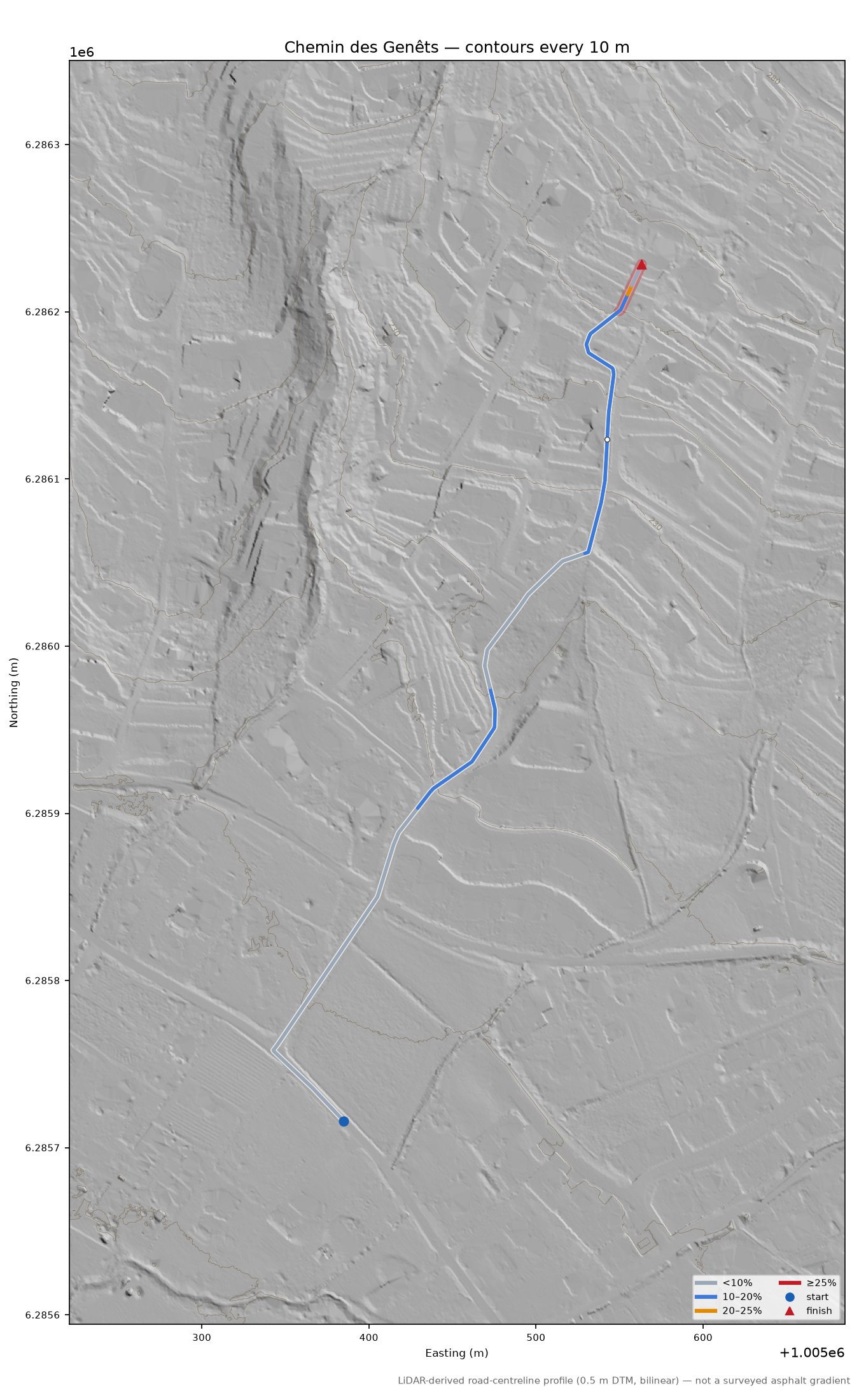 Chemin des Genêts LiDAR hillshade map with contours