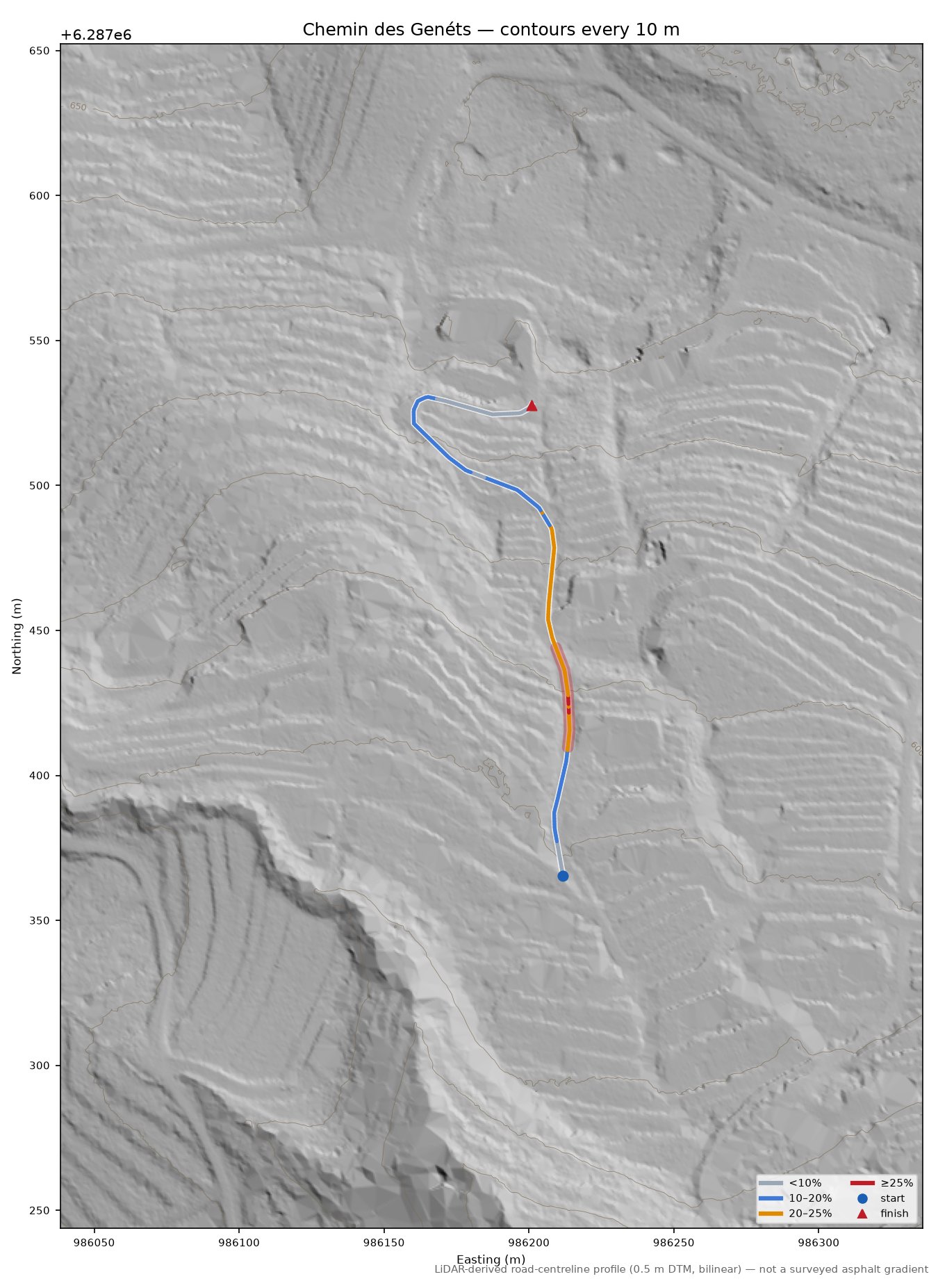 Chemin des Genéts LiDAR hillshade map with contours