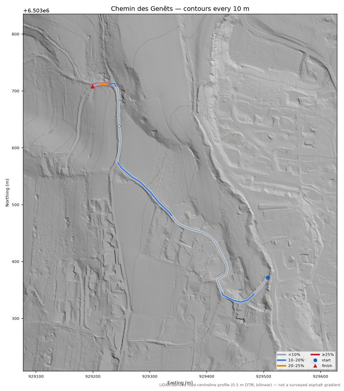 Chemin des Genêts LiDAR hillshade map with contours