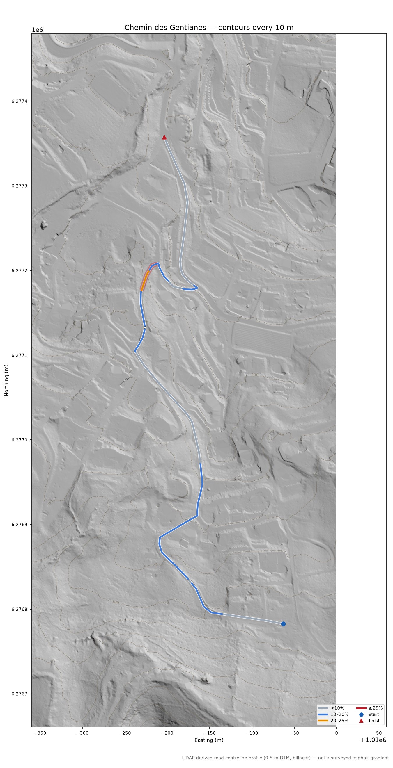 Chemin des Gentianes LiDAR hillshade map with contours