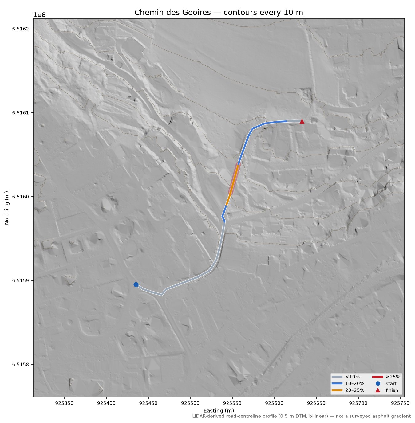 Chemin des Geoires LiDAR hillshade map with contours