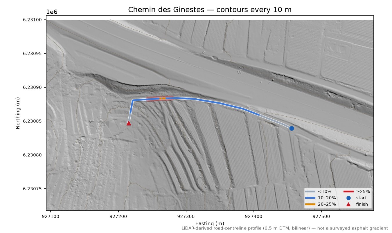 Chemin des Ginestes LiDAR hillshade map with contours