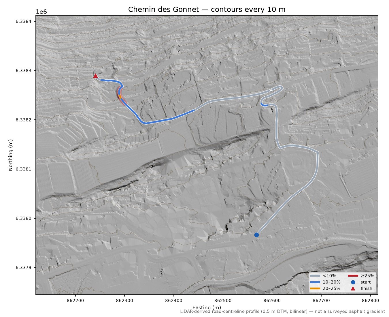 Chemin des Gonnet LiDAR hillshade map with contours