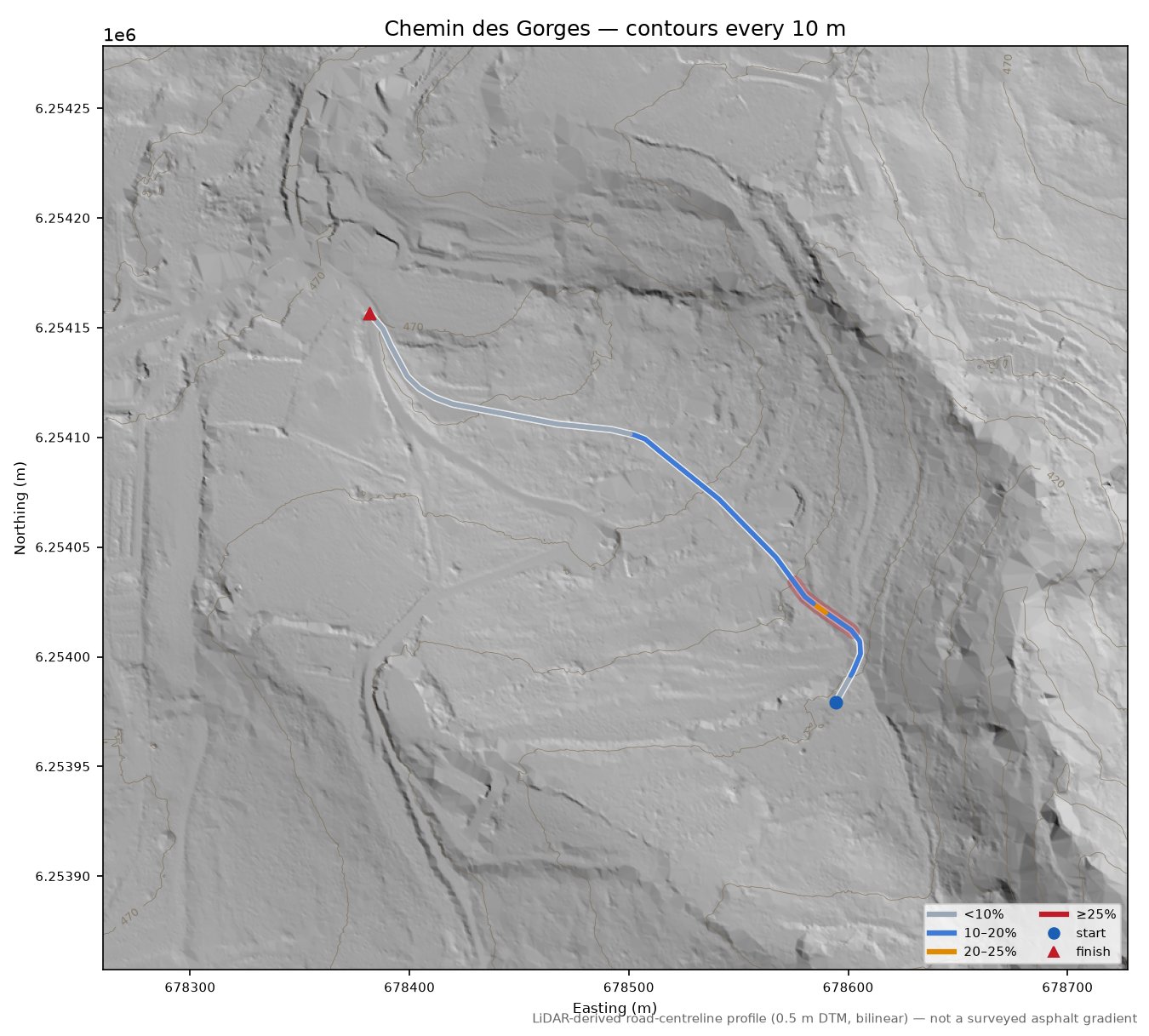 Chemin des Gorges LiDAR hillshade map with contours