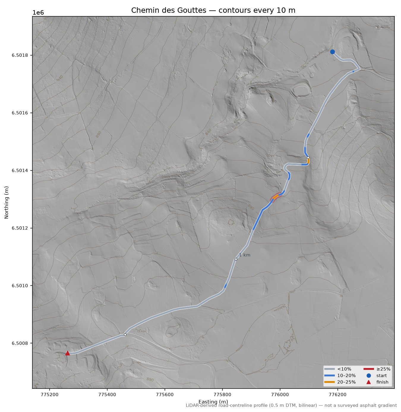 Chemin des Gouttes LiDAR hillshade map with contours