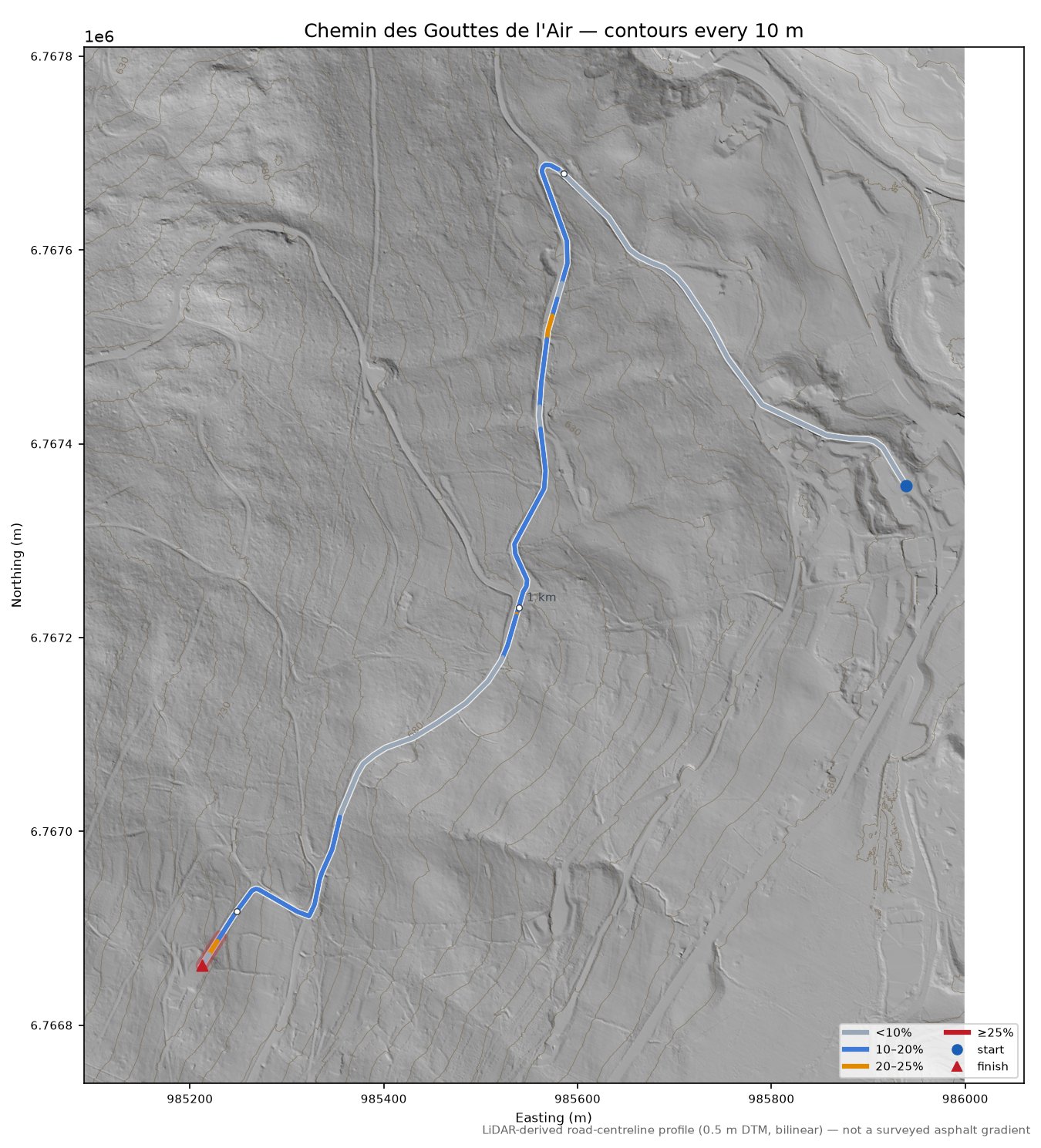 Chemin des Gouttes de l'Air LiDAR hillshade map with contours