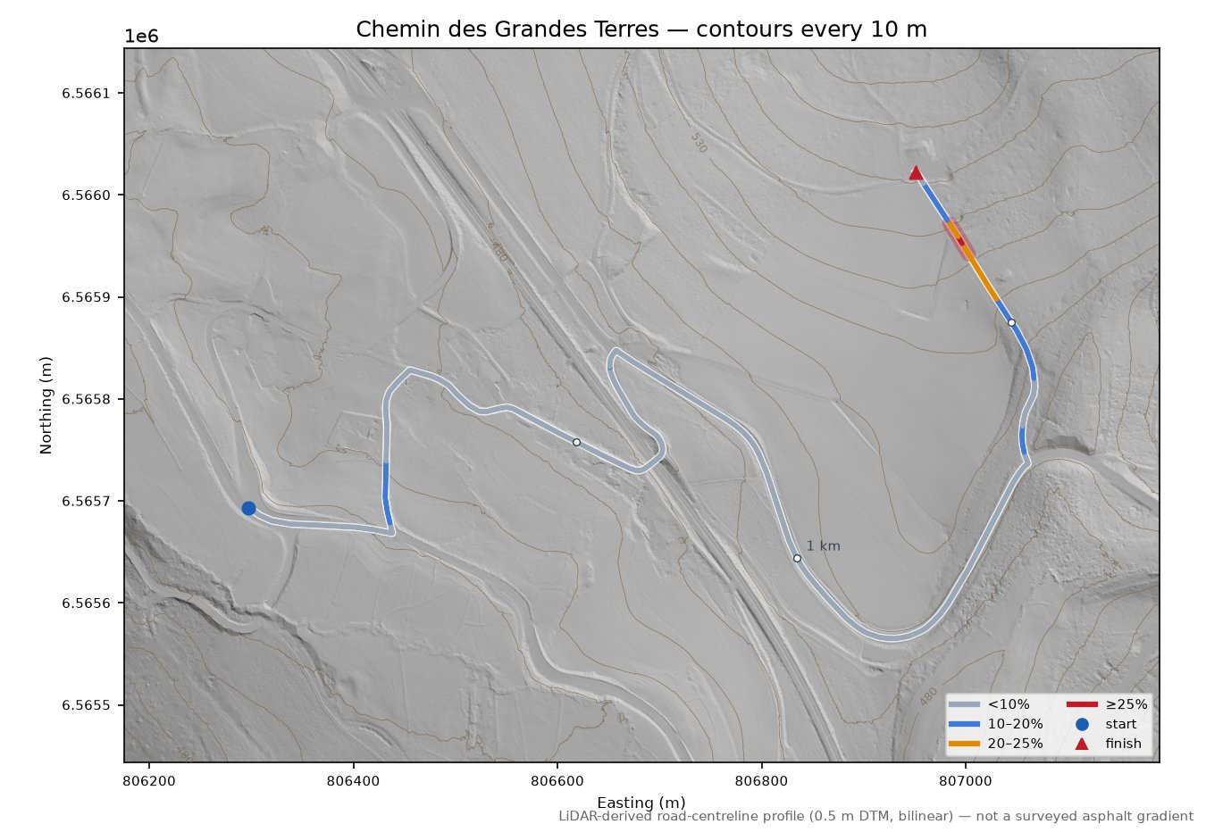 Chemin des Grandes Terres LiDAR hillshade map with contours