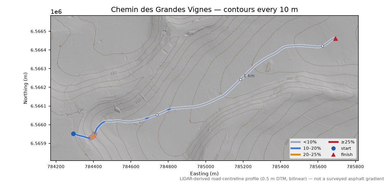 Chemin des Grandes Vignes LiDAR hillshade map with contours