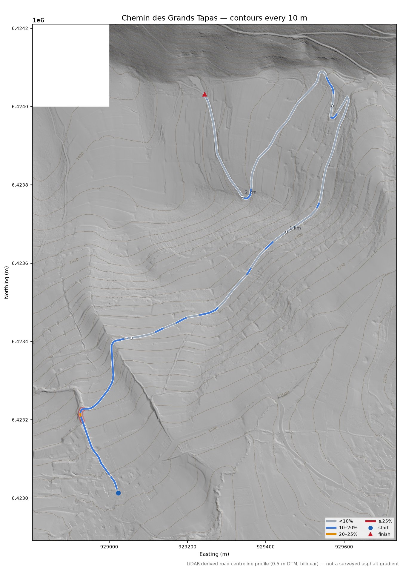 Chemin des Grands Tapas LiDAR hillshade map with contours
