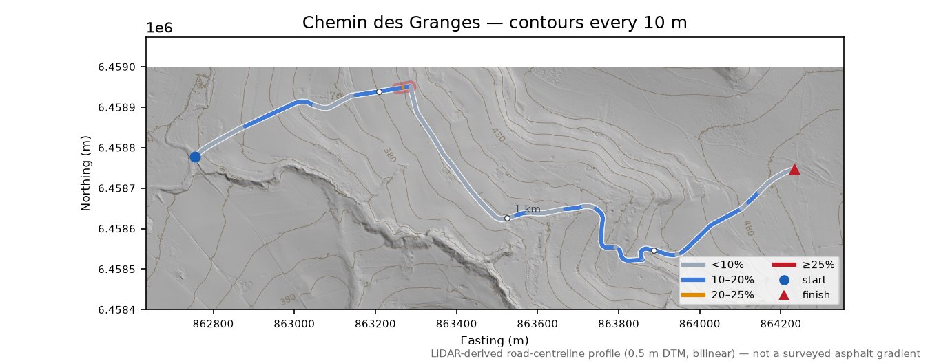 Chemin des Granges LiDAR hillshade map with contours