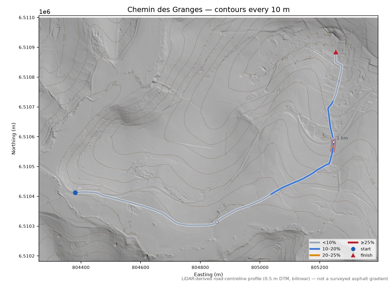 Chemin des Granges LiDAR hillshade map with contours