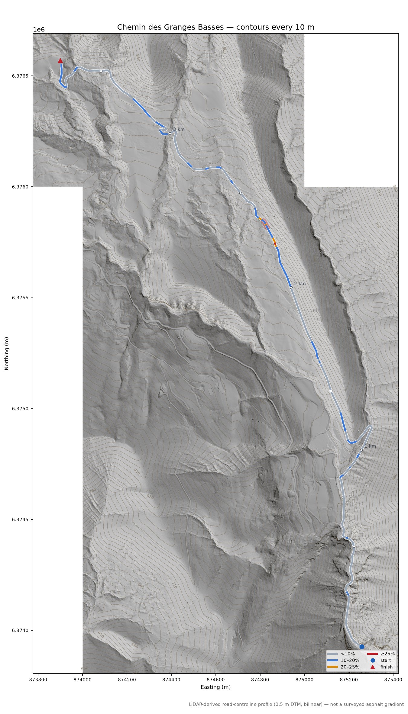 Chemin des Granges Basses LiDAR hillshade map with contours