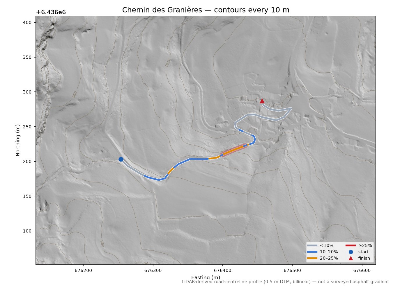 Chemin des Granières LiDAR hillshade map with contours