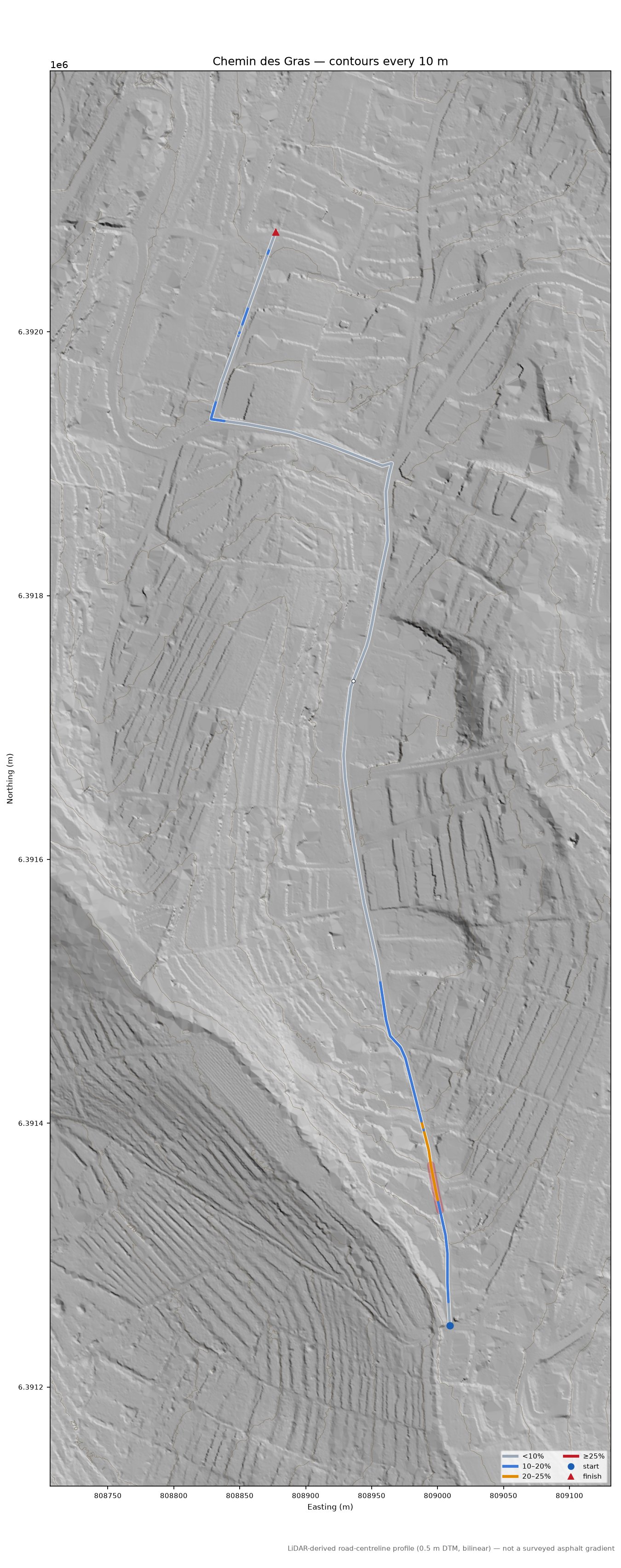Chemin des Gras LiDAR hillshade map with contours