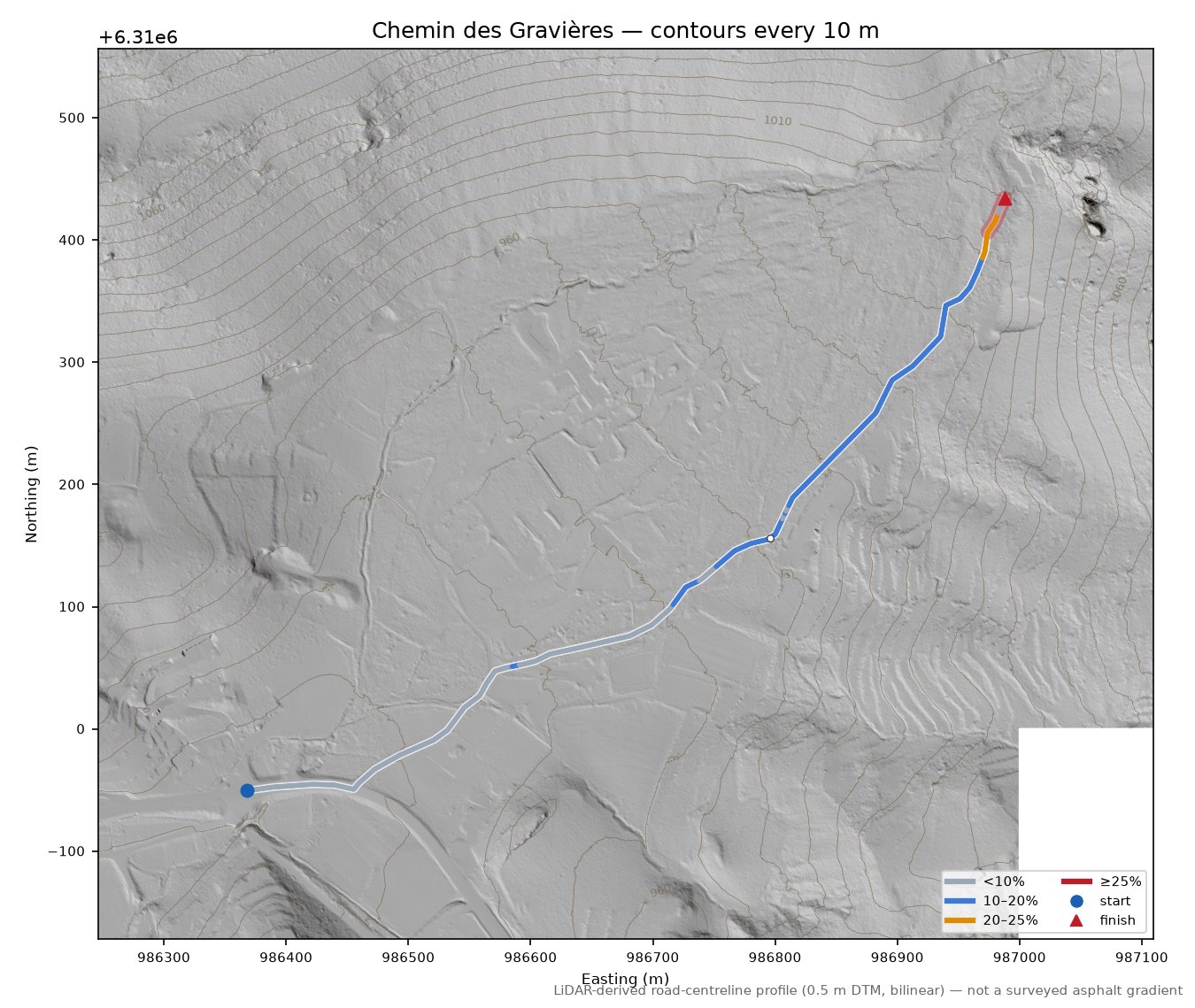 Chemin des Gravières LiDAR hillshade map with contours