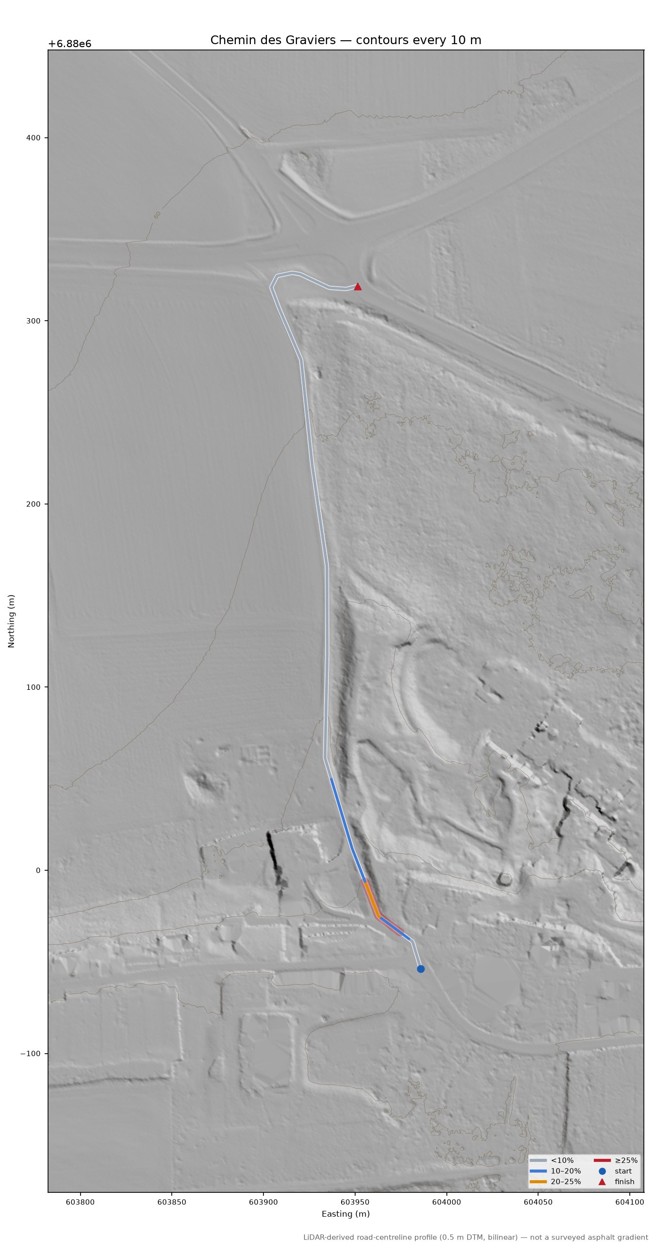 Chemin des Graviers LiDAR hillshade map with contours