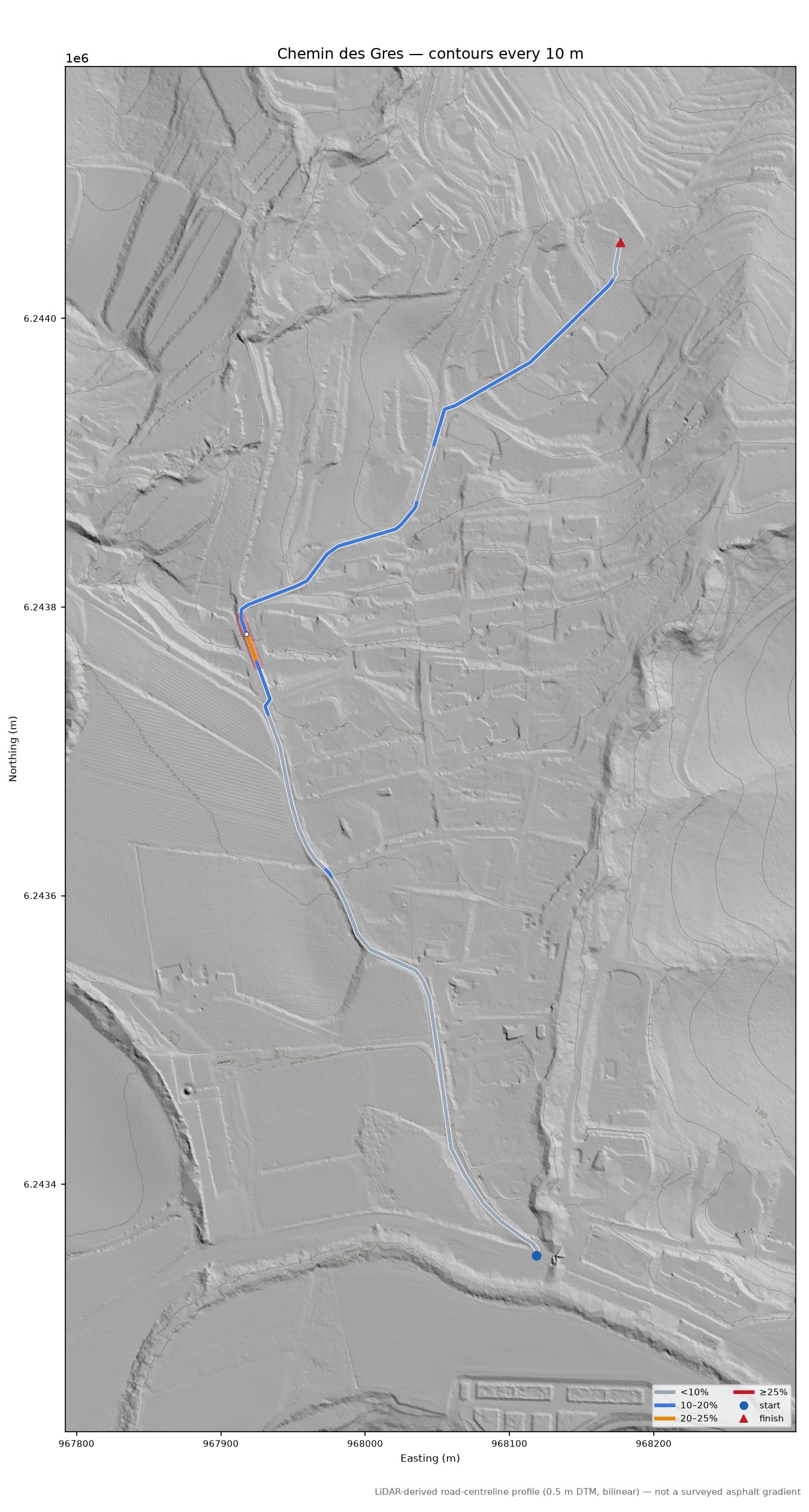 Chemin des Gres LiDAR hillshade map with contours