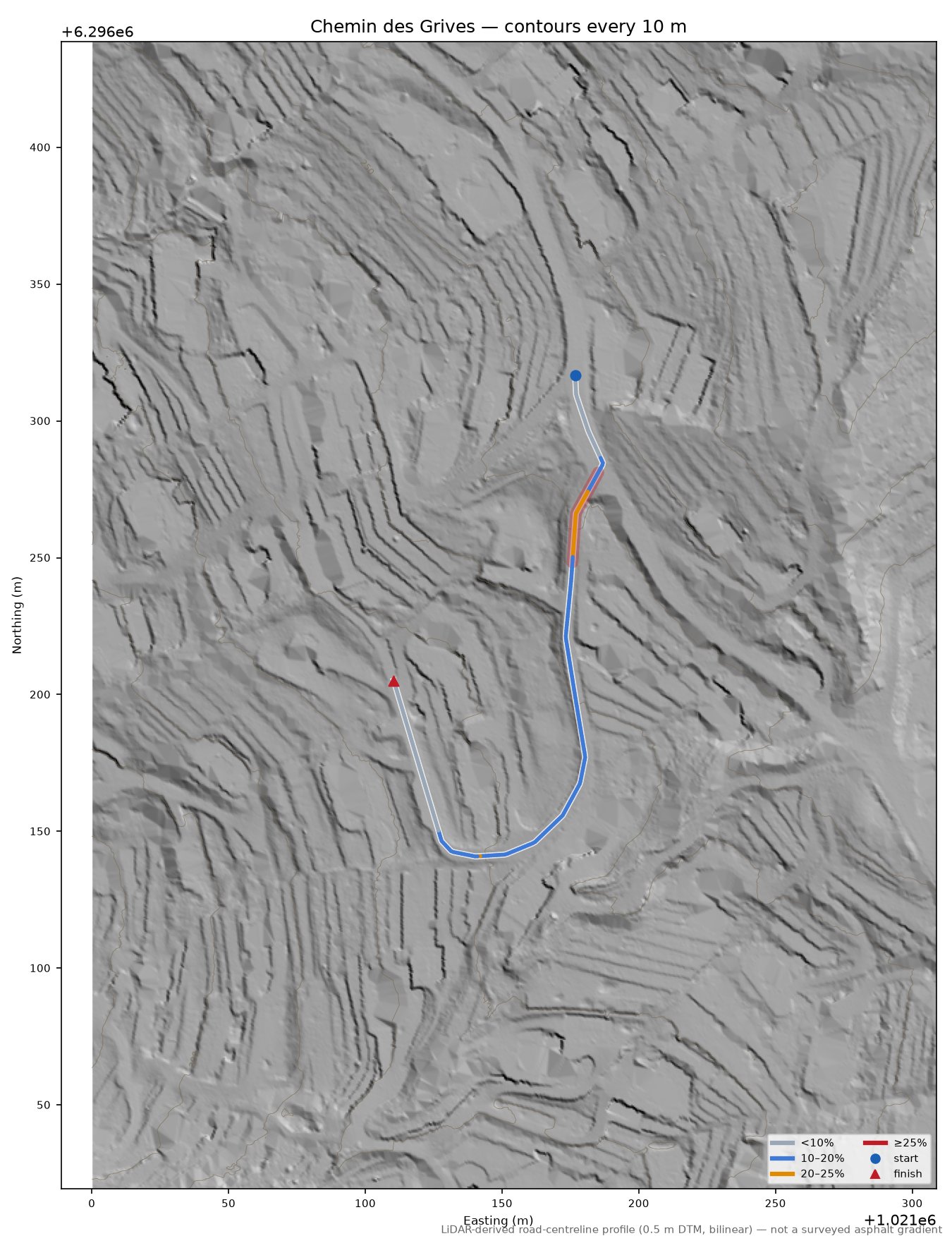 Chemin des Grives LiDAR hillshade map with contours