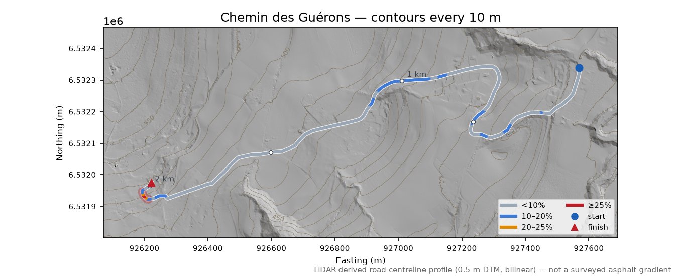 Chemin des Guérons LiDAR hillshade map with contours