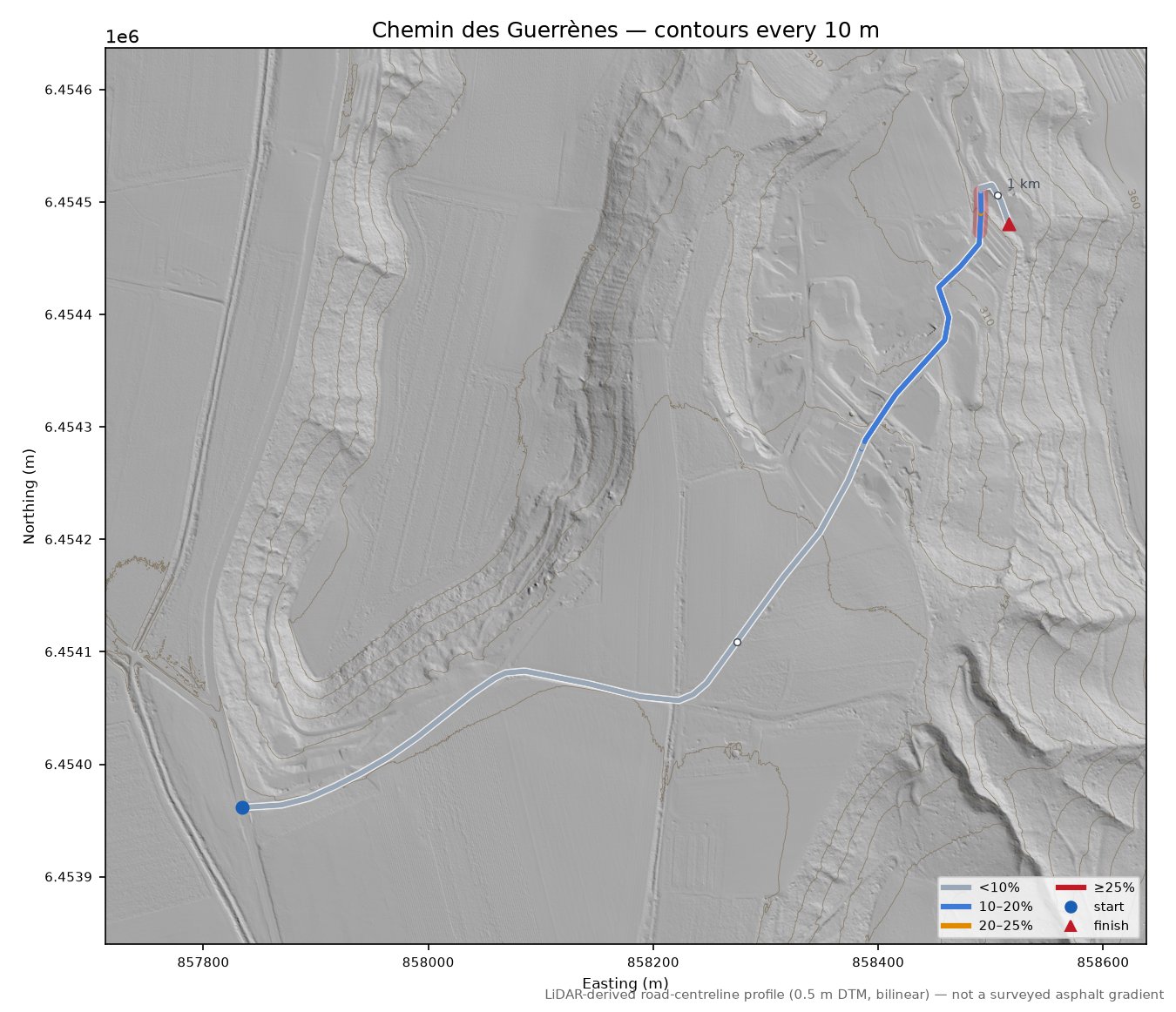 Chemin des Guerrènes LiDAR hillshade map with contours