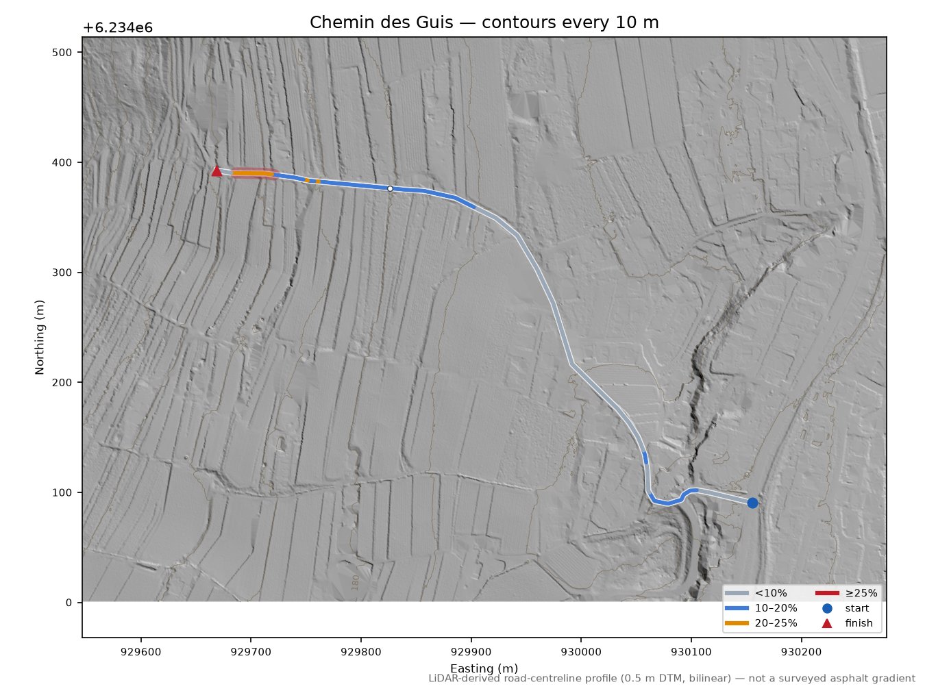 Chemin des Guis LiDAR hillshade map with contours
