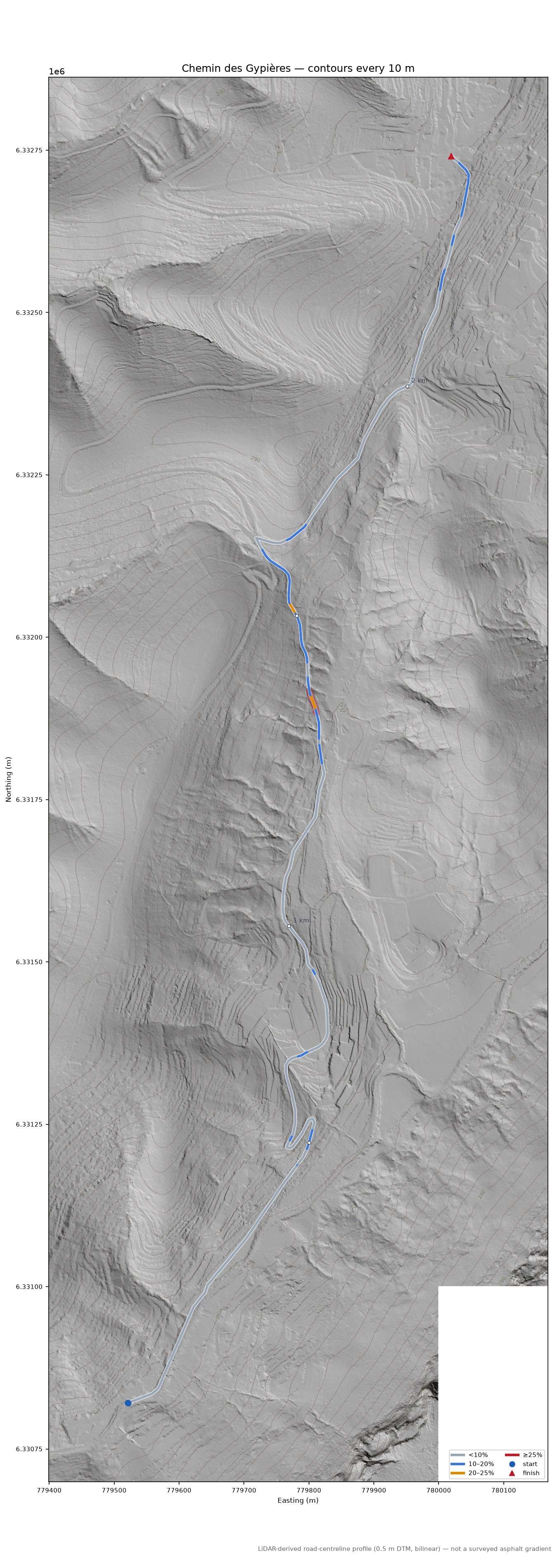 Chemin des Gypières LiDAR hillshade map with contours
