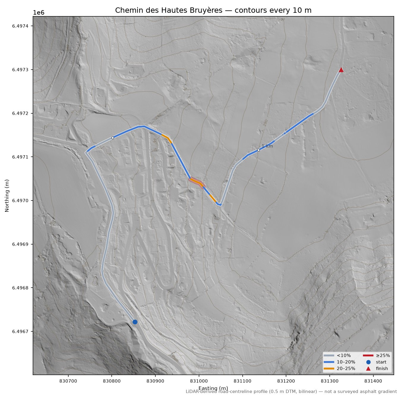 Chemin des Hautes Bruyères LiDAR hillshade map with contours