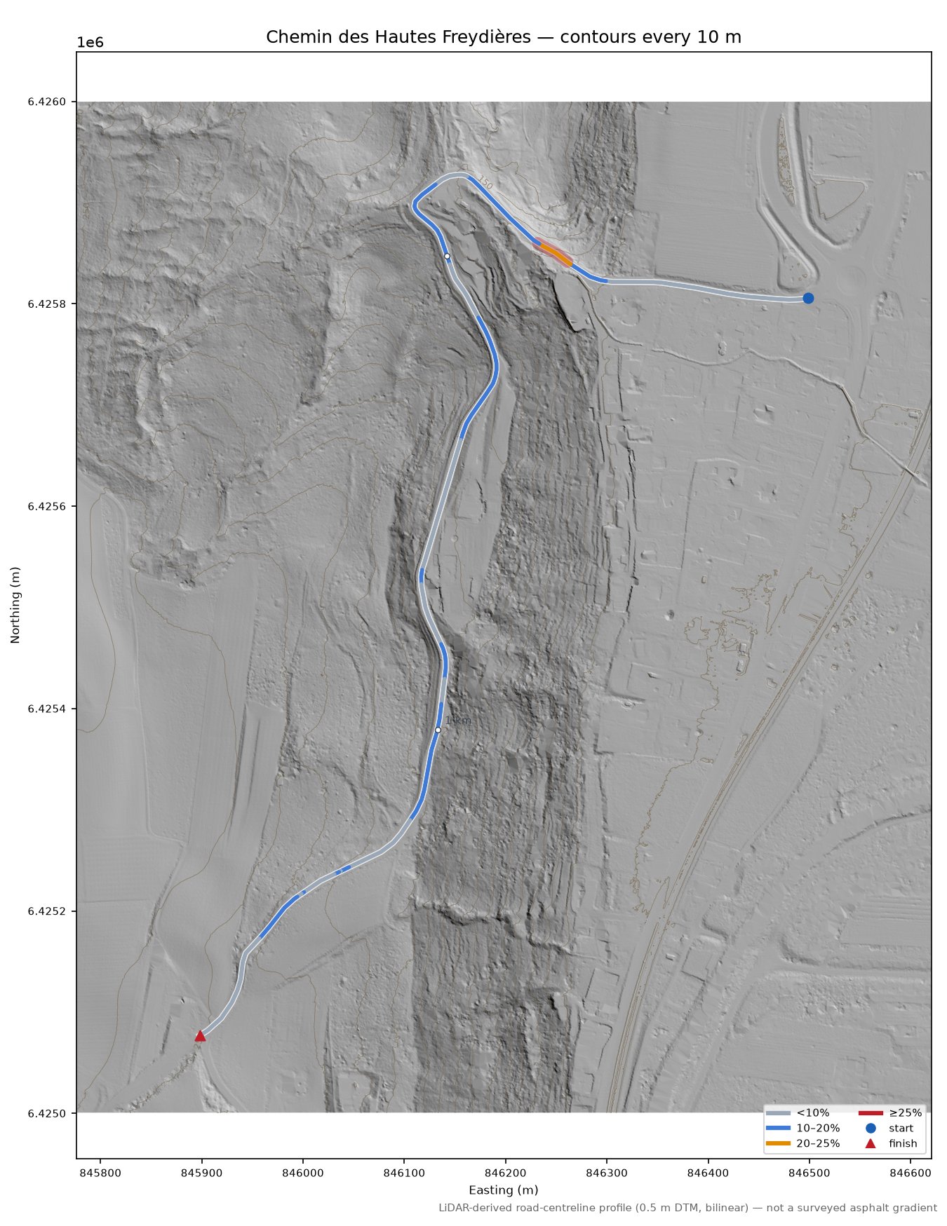 Chemin des Hautes Freydières LiDAR hillshade map with contours