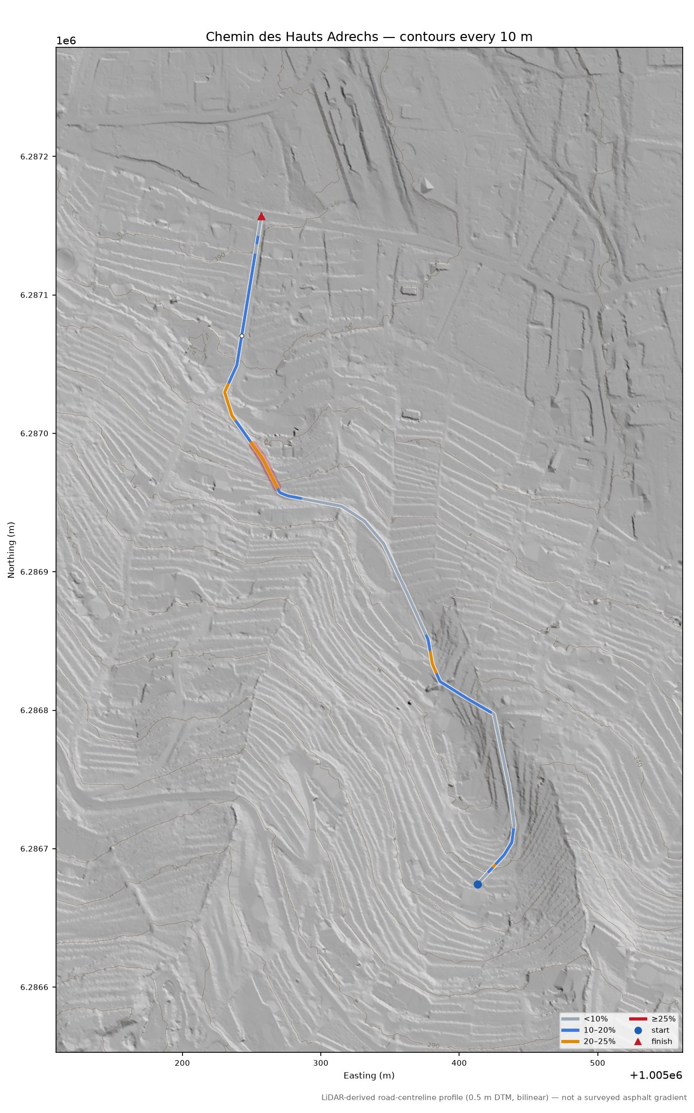Chemin des Hauts Adrechs LiDAR hillshade map with contours