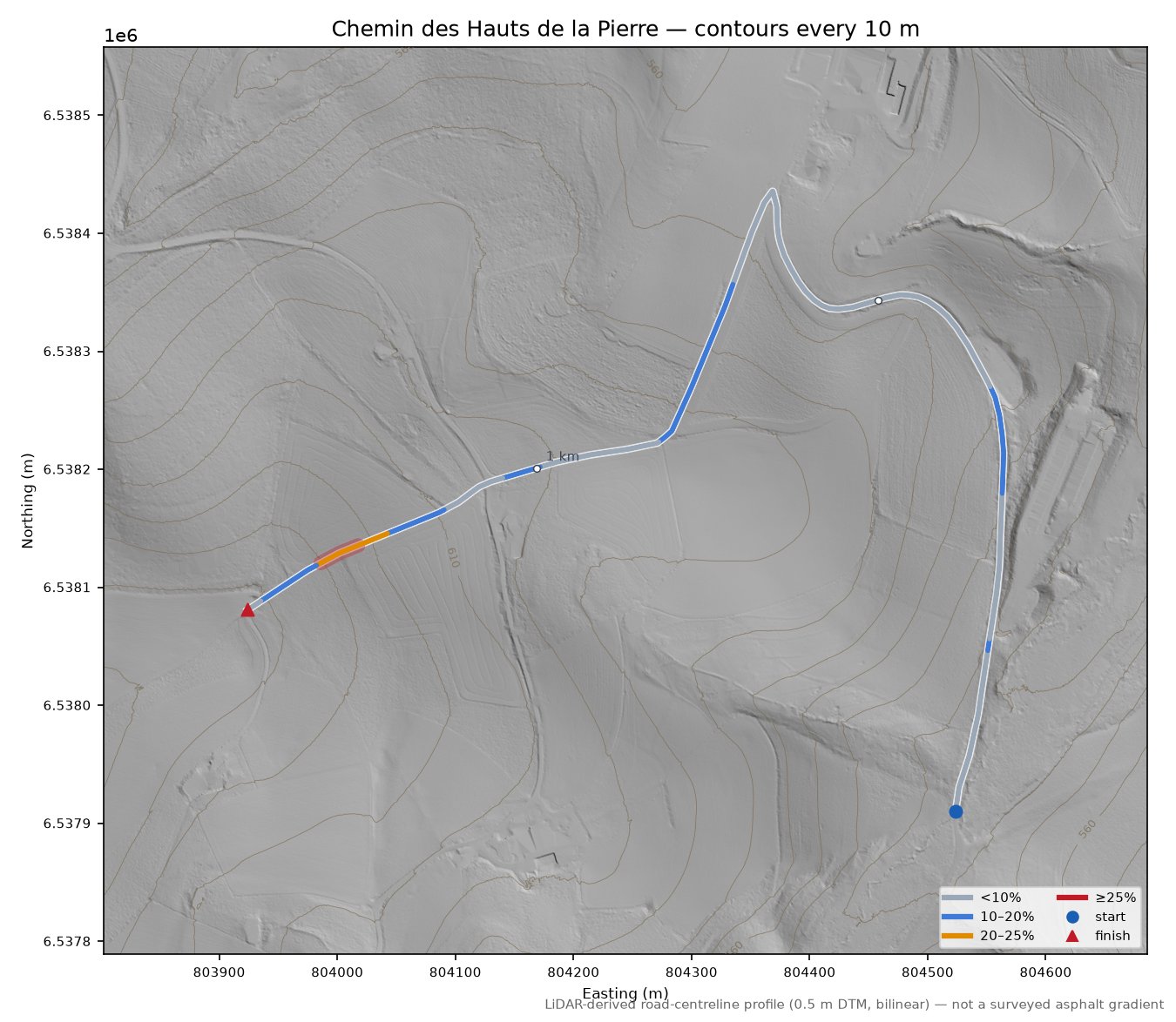 Chemin des Hauts de la Pierre LiDAR hillshade map with contours
