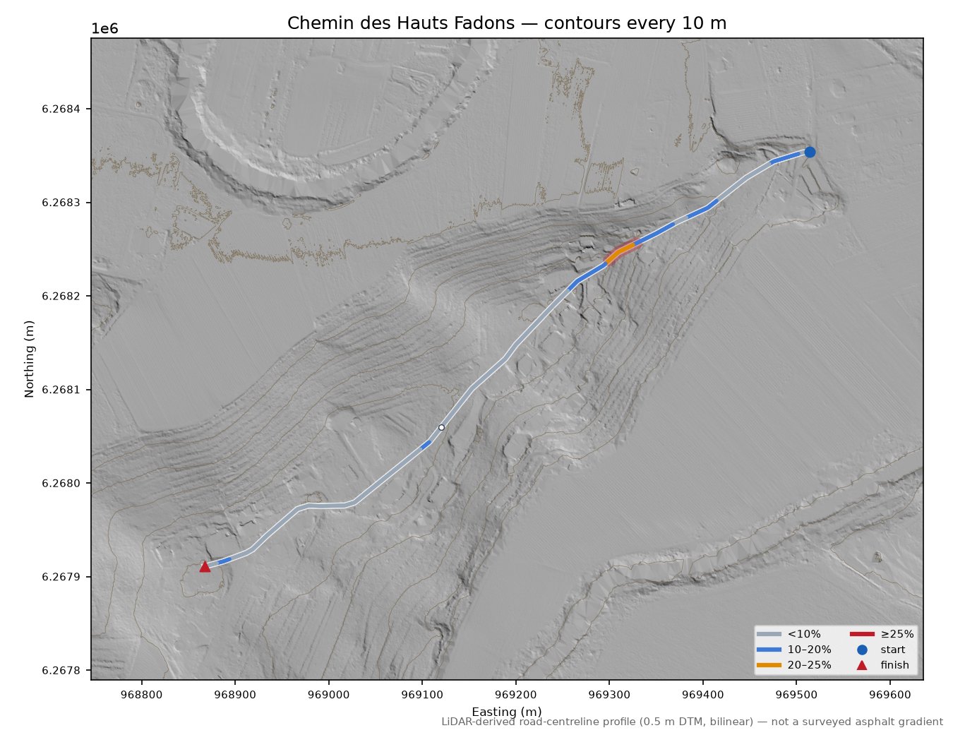Chemin des Hauts Fadons LiDAR hillshade map with contours