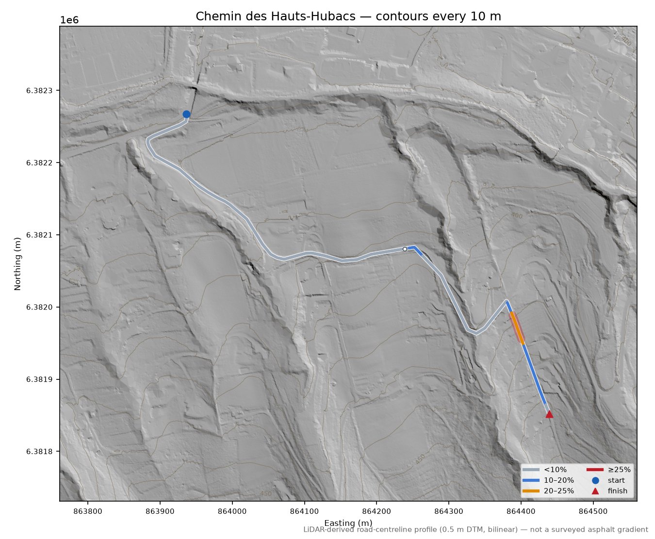 Chemin des Hauts-Hubacs LiDAR hillshade map with contours