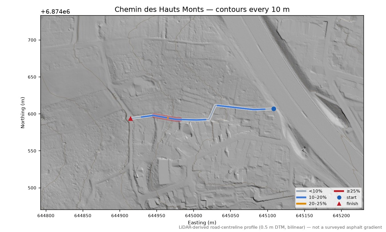 Chemin des Hauts Monts LiDAR hillshade map with contours