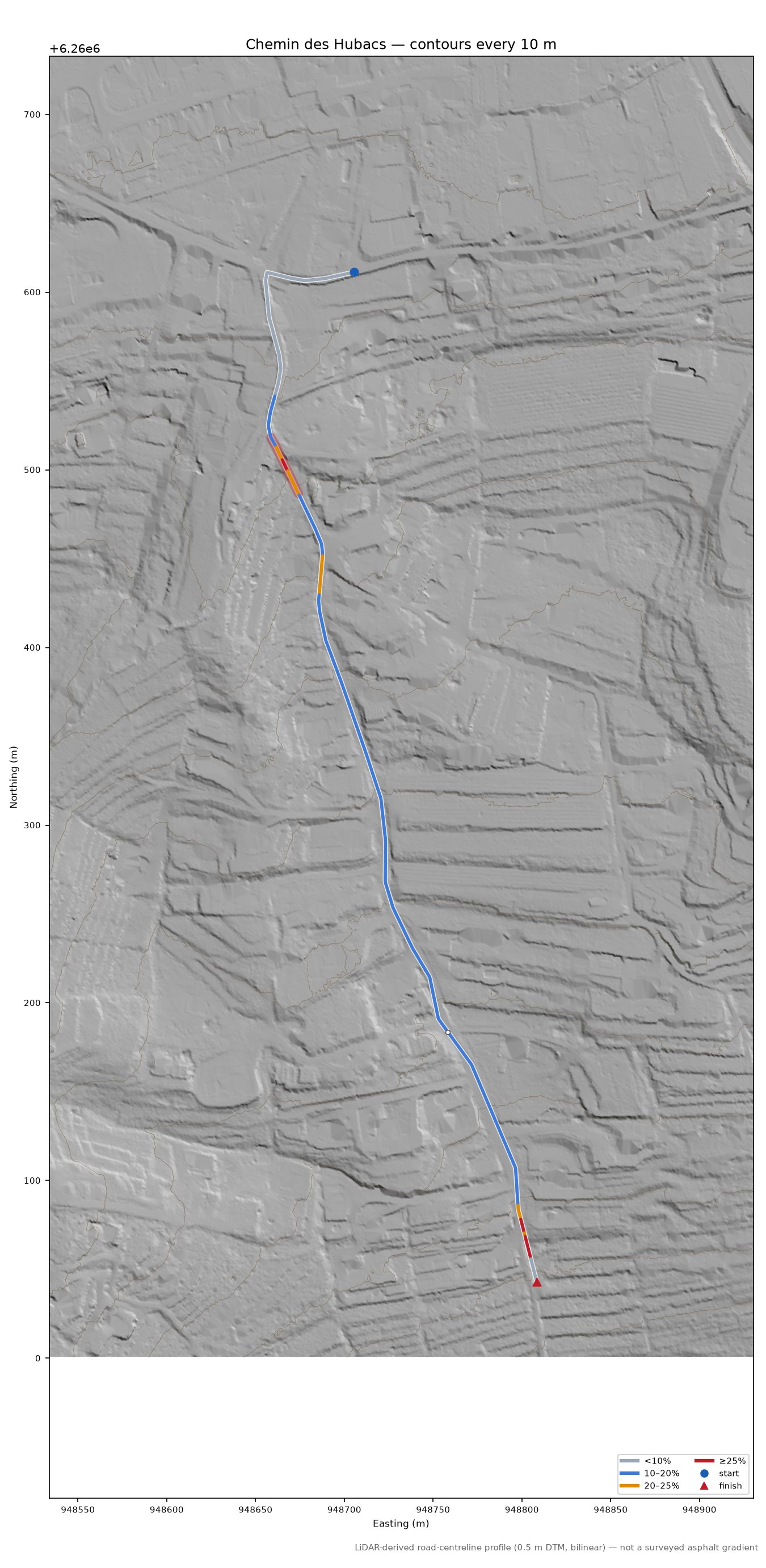 Chemin des Hubacs LiDAR hillshade map with contours