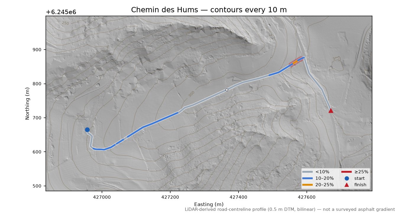 Chemin des Hums LiDAR hillshade map with contours