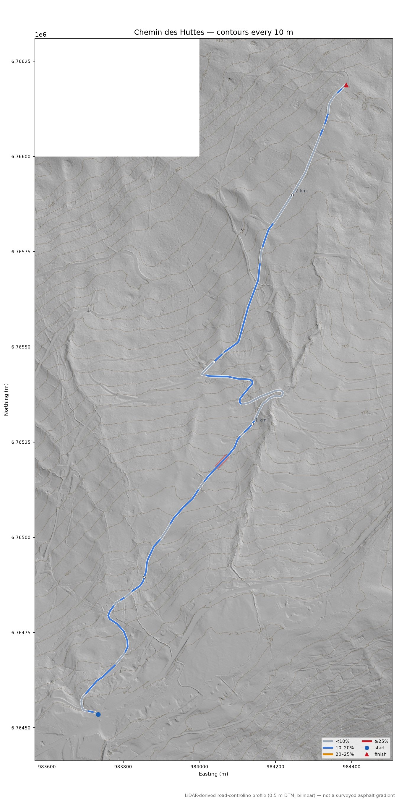 Chemin des Huttes LiDAR hillshade map with contours