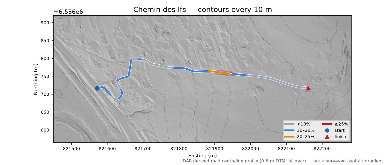 Chemin des Ifs LiDAR hillshade map with contours
