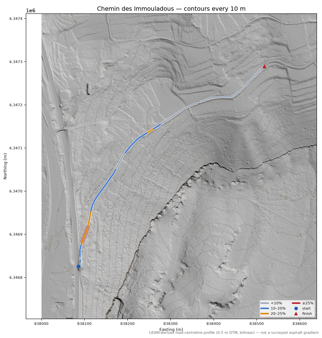 Chemin des Immouladous LiDAR hillshade map with contours