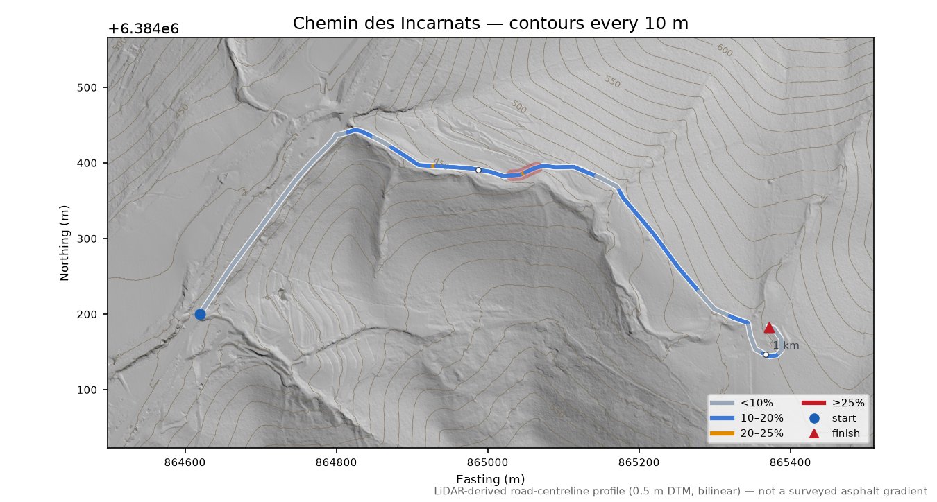 Chemin des Incarnats LiDAR hillshade map with contours