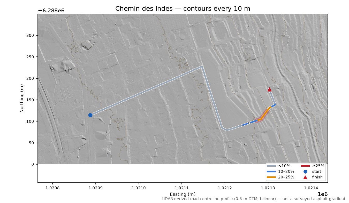 Chemin des Indes LiDAR hillshade map with contours