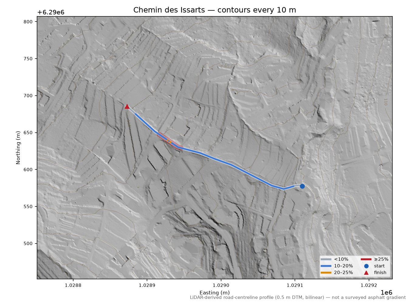 Chemin des Issarts LiDAR hillshade map with contours