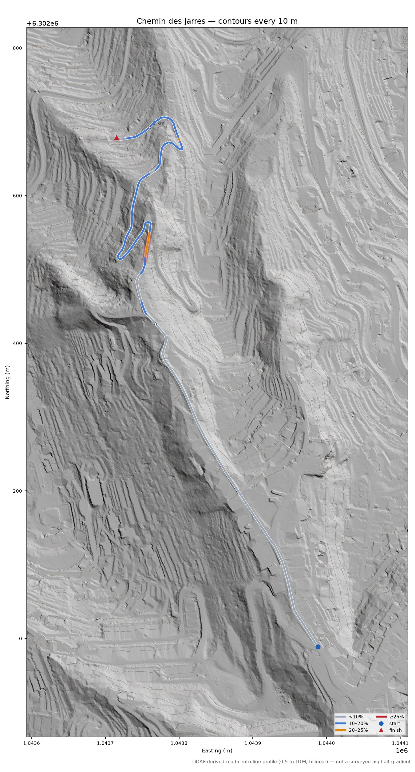Chemin des Jarres LiDAR hillshade map with contours