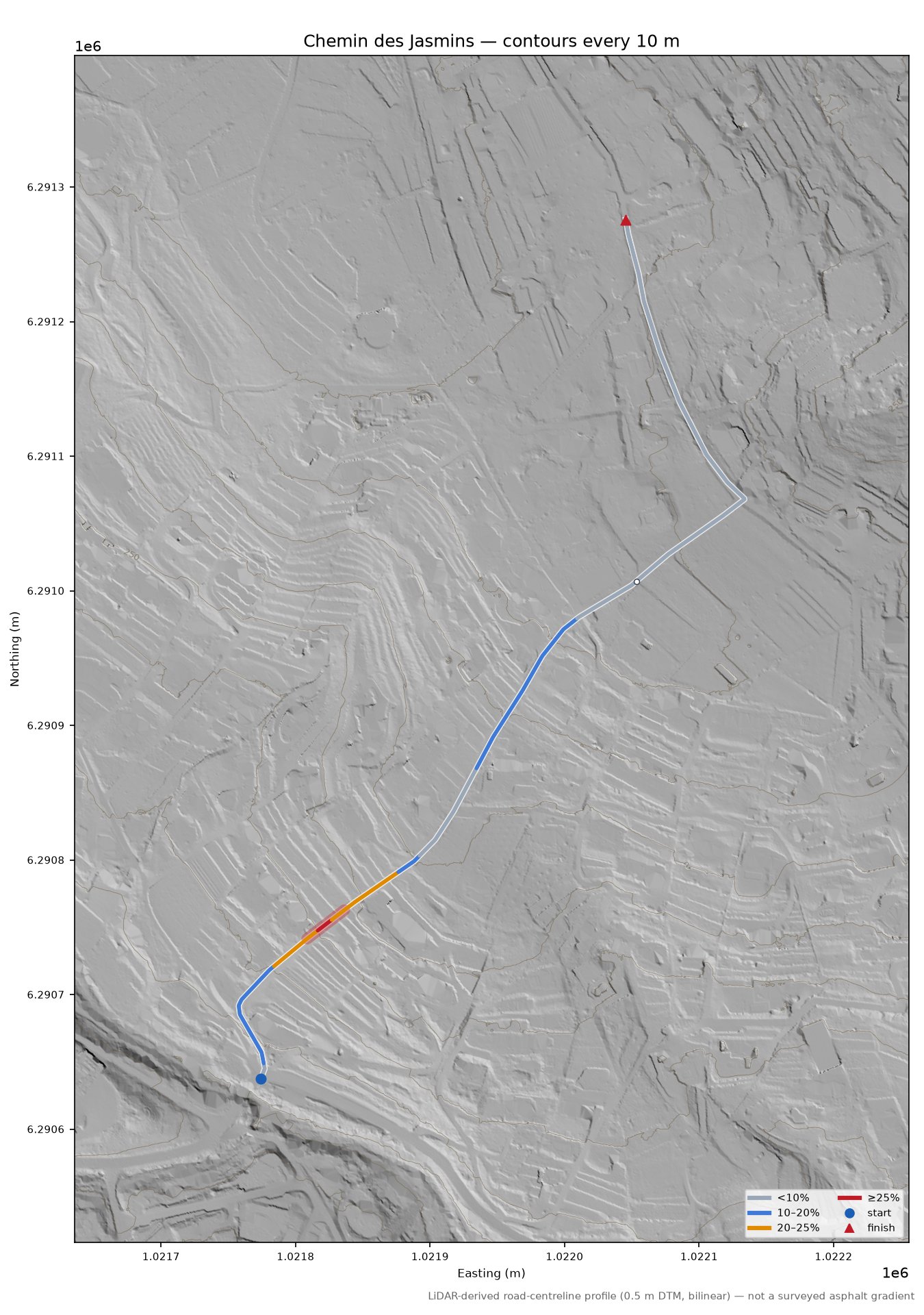 Chemin des Jasmins LiDAR hillshade map with contours