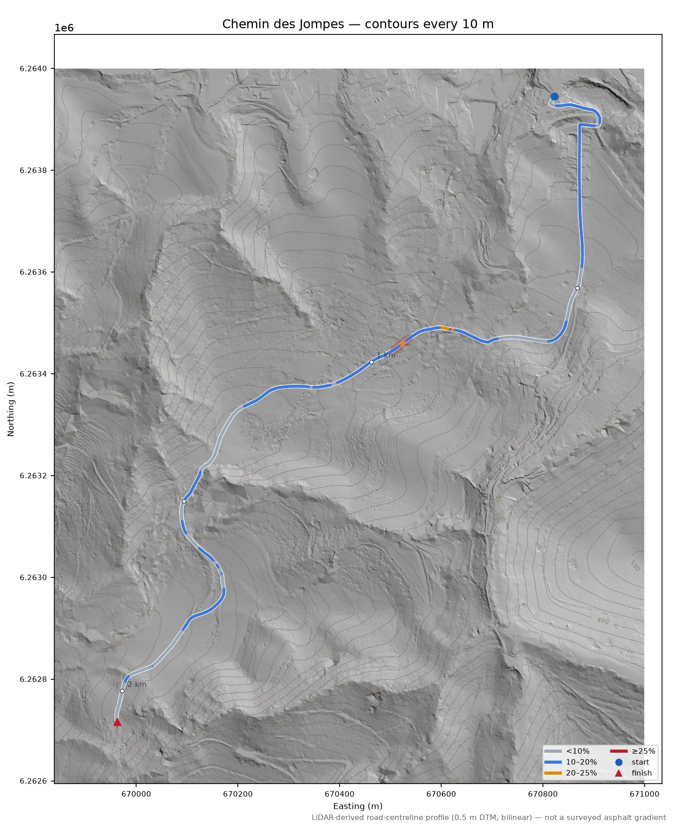 Chemin des Jompes LiDAR hillshade map with contours