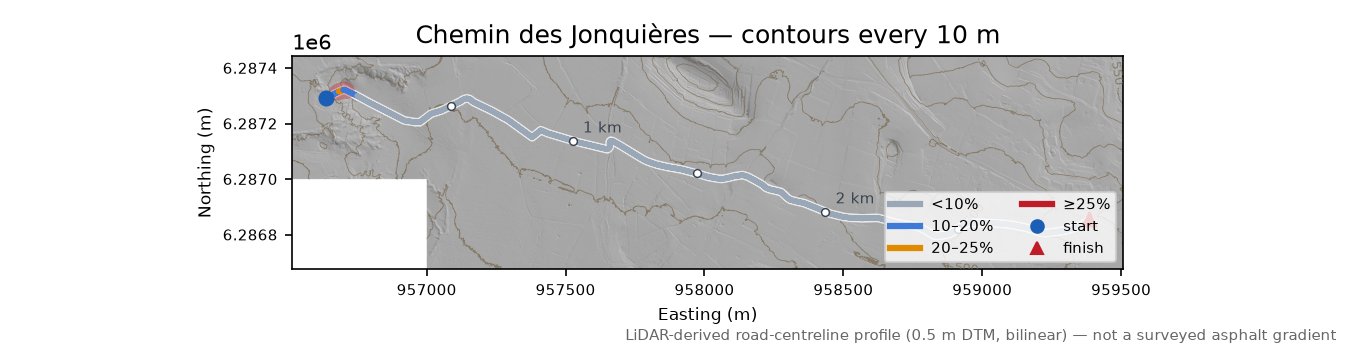 Chemin des Jonquières LiDAR hillshade map with contours