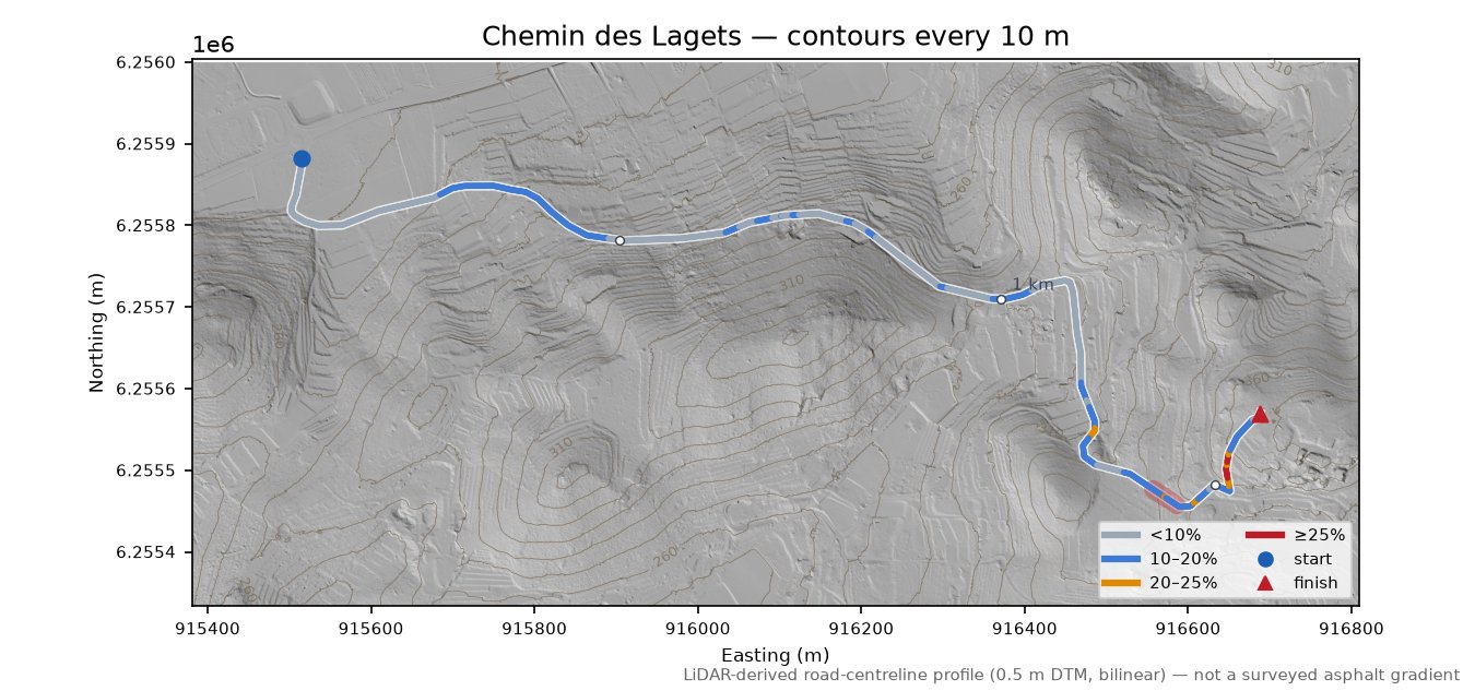 Chemin des Lagets LiDAR hillshade map with contours